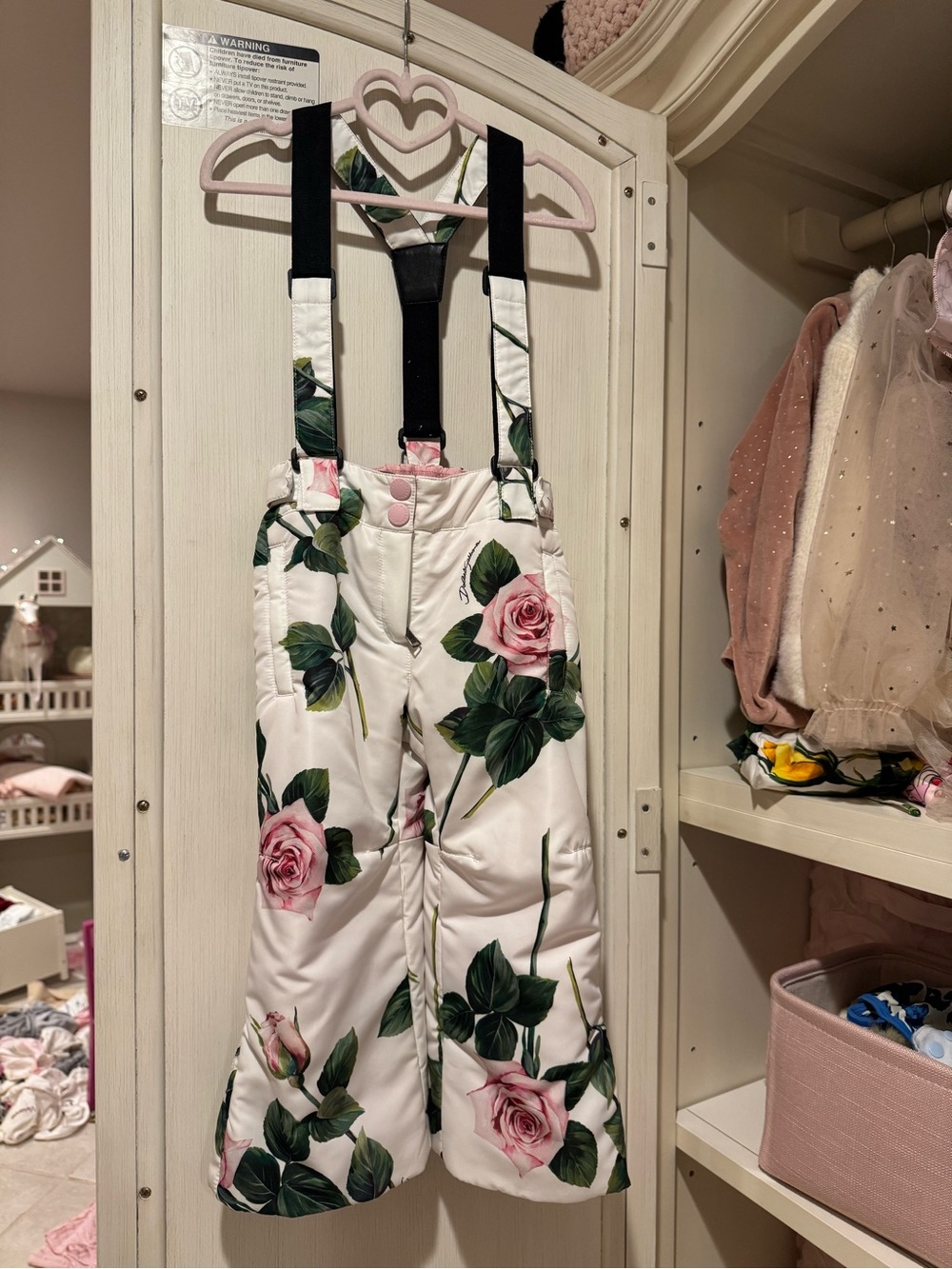 Dolce and Gabbana Girls White and Pink Rose Ski Pants with Suspenders